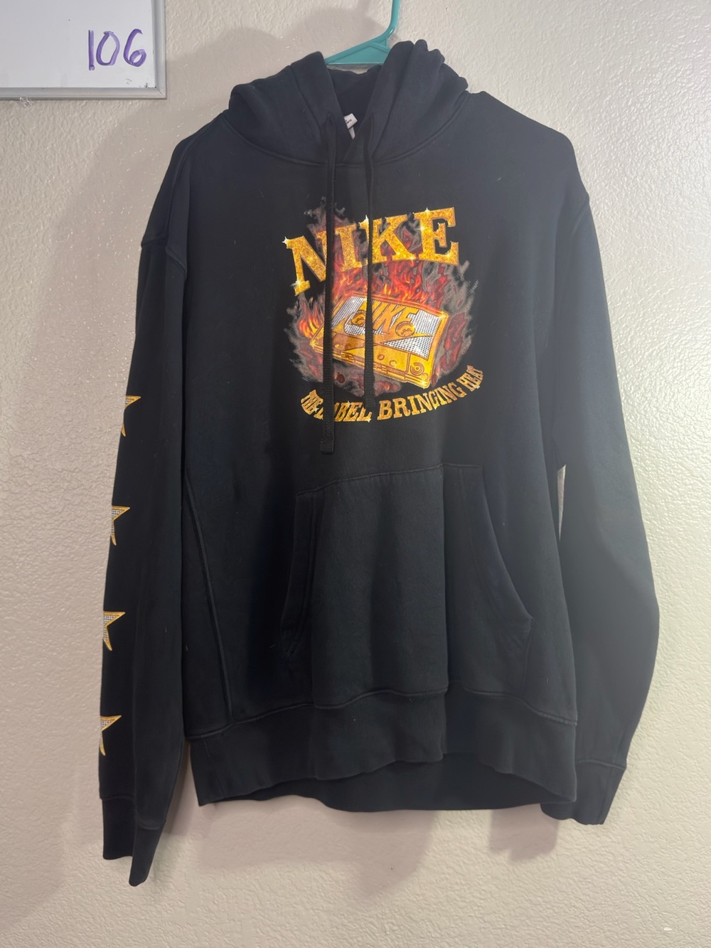 Nike Black Graphic Pullover Hoodie - Yellow Flame and Cassette Tape Logo